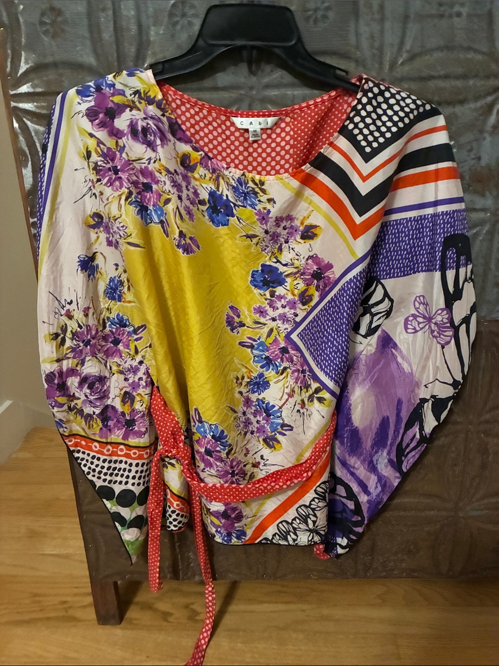 CAbi silk Multicolor Floral & Geometric Print Blouse in Yellow, Purple, Red